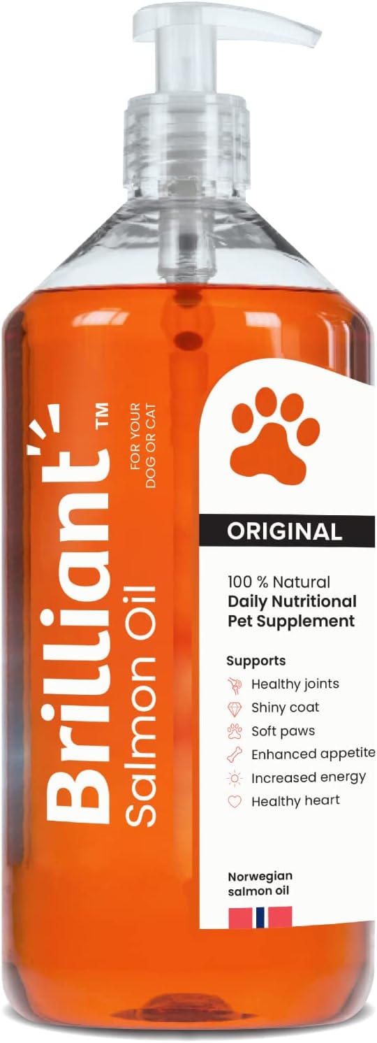 Brilliant Salmon Oil for Dogs, Cats & Puppies | Omega 3 Fish Oil Liquid Supplement with DHA, EPA Fatty Acids | Supports Skin and Coat, Immune System & Joint Function | Hofseth BioCare (34oz)