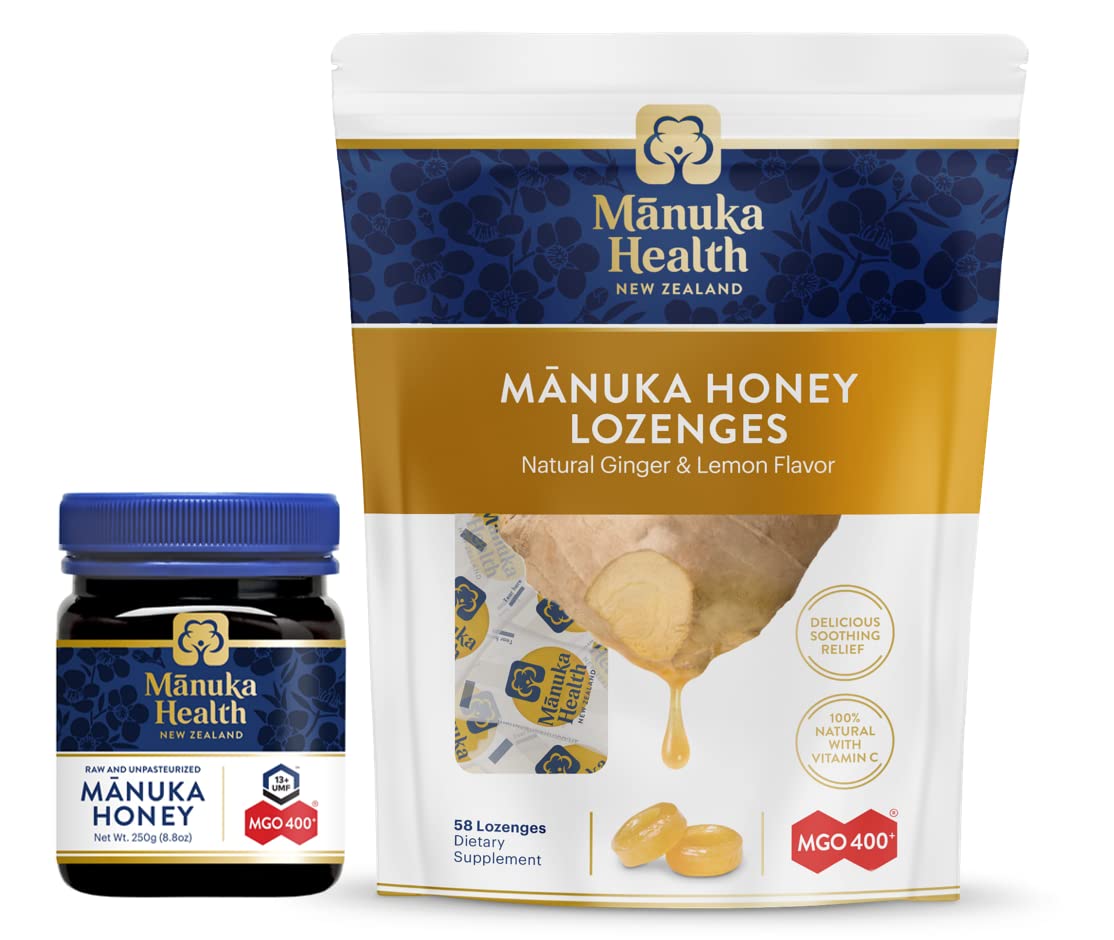 Manuka Health, Manuka Honey Lozenge And Honey Jar Bundle, Lemon And Ginger Lozenges, 115+ Mgo 8.8 Oz Jar Of Honey