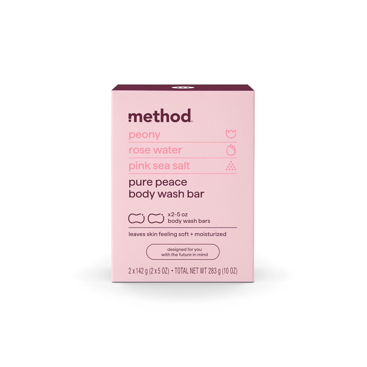 Method Bar Soap, Pure Peace, Pure Peace, Rose Water, Peonies + Pink Sea Salt Notes, Plastic Free, 2 Bars, 5Oz Each