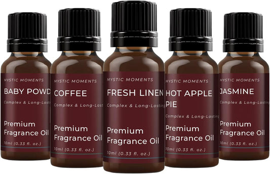 Mystic Moments | Home Sweet Home Fragrance Oil Gift Starter Pack 5X10Ml | Baby Powder, Hot Apple Pie, Coffee, Fresh Linen, Jasmine | Perfect As A Gift