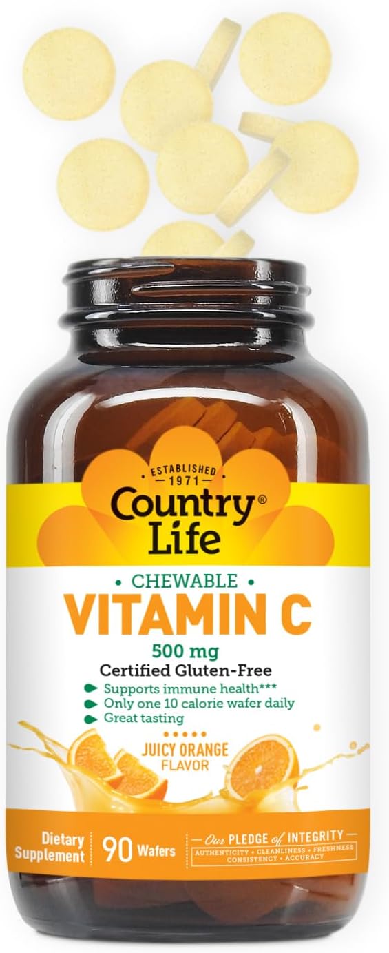 Country Life Vitamin C 500G High Potency - 90 Chewable Tablets, Immune Support - Vegan, Non-Gmo, 90 Day Supply