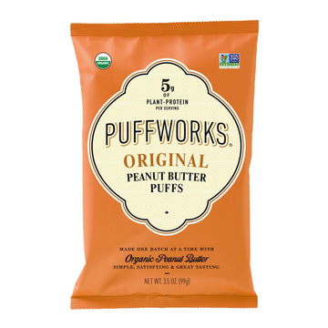 Puffworks Original Organic Peanut Butter Puffs, Plant-Based Protein Snack, Gluten- and Rice-Free, Vegan, Kosher, 3.5 Ounce (Pack of 3)