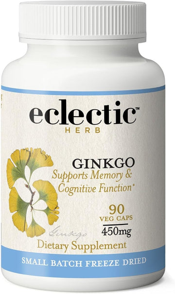 Eclectic Institute Raw Freeze-Dried Ginkgo | Cardiovascular and Circulatory Support, Supports Brain Function, Concentration & Memory | 90 CT (450 mg)