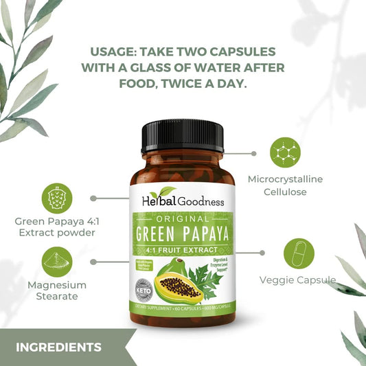 Green Papaya Capsules - Formulated with Papaya Leaf Extract for Platelets, Papaya Supplement Digestive Enzymes with Probiotics and Prebiotics. Papaya Extract Formula - 1 Bottle - 60/600mg