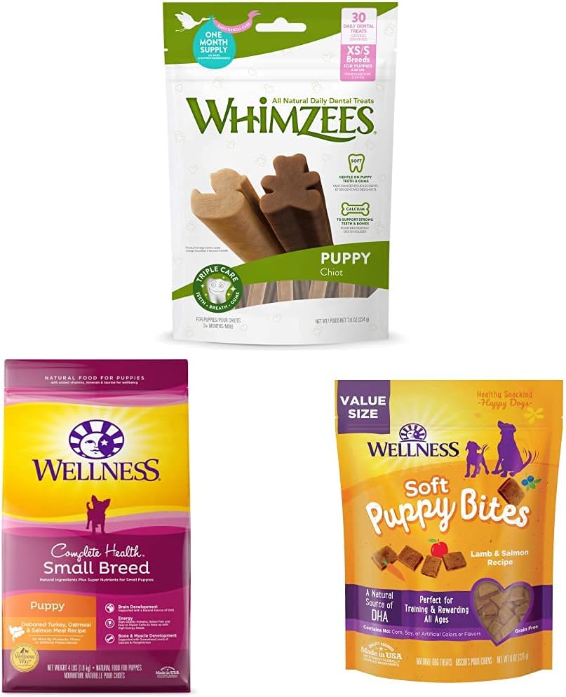 Whimzees Wellness Complete Health Small Breed Dry Puppy Food, 4 Pound Bag Puppy Dental Chew Treats + Wellness Soft Puppy Bites, 8 Ounce Bag