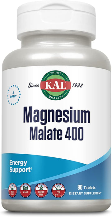 Kal Magnesium Malate 400Mg, Chelated Magnesium Supplement With Malic Acid, Healthy Energy & Muscle Function Support, Enhanced Absorption, Vegan, Non-Gmo, 45 Servings, 90 Veg Tabs