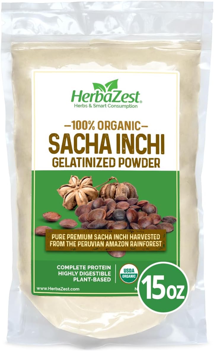 HerbaZest Sacha Inchi Protein Powder Organic - 15oz - USDA Certified, Vegan & Gluten-Free Superfood - Perfect for Smoothies, Baking, Yogurt, Hot Cereal & Savory Dishes