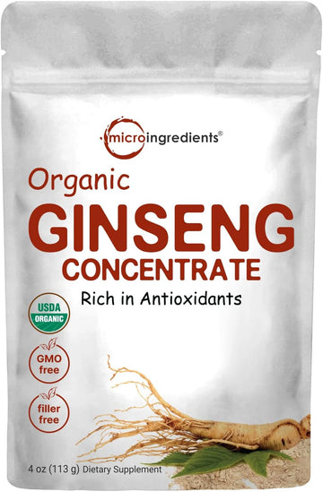 Micro Ingredients Maximum Strength Organic Korean Ginseng Root 200:1 Powder, 4 Ounce, Red Panax Ginseng Powder, Active Ginsenosides, Vegan Friendly