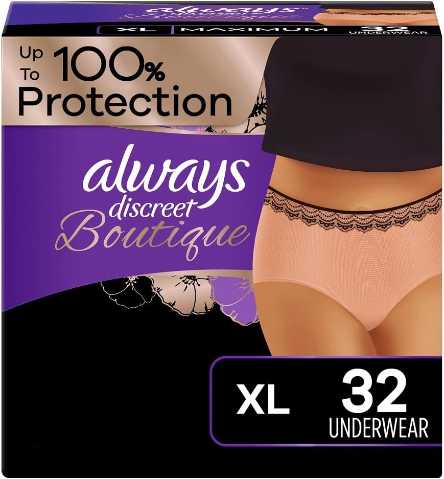 Always Discreet Boutique Adult Incontinence & Postpartum Underwear For Women, Size X-Large, Peach, Maximum Absorbency, Disposable, 16 Count x 2 Packs (32 Count total)