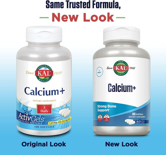 KAL Calcium+ ActivGels 1000mg | Calcium, Magnesium, Zinc and Vitamin D-3 | Formulated to Help Support Healthy Teeth & Bones | Soy Free | 100 Softgels : Health & Household