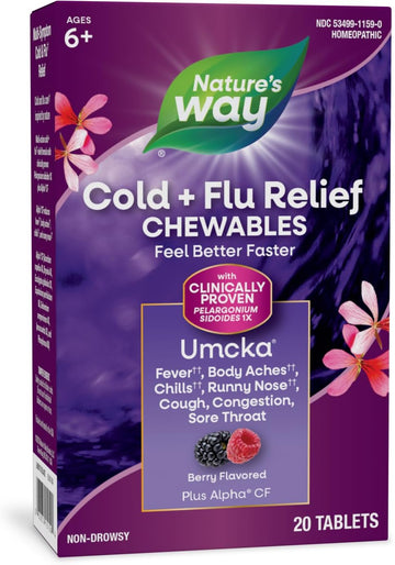 Nature'S Way Cold+Flu Relief, Umcka, Shortens Duration And Reduces Severity, Multi-Symptom Relief, Homeopathic, Phenylephrine Free, Non-Drowsy, Berry Flavored, 20 Chewable Tablets (Packaging May Vary)