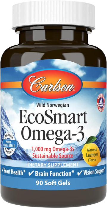 Carlson - EcoSmart Omega-3, Sustainable Source, Promotes Heart, Brain, Vision & Joint Health, Lemon, 90 soft gels