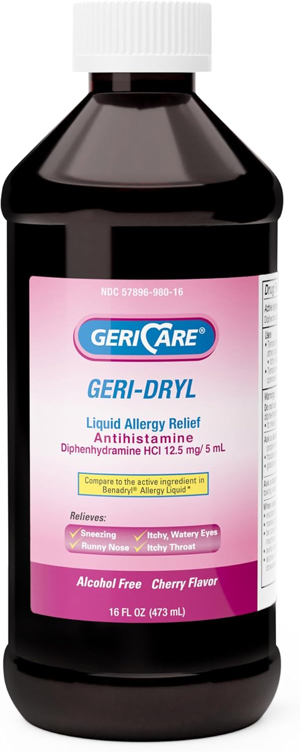 Gericare Geri-Dryl Diphenhydramine Hci Solution - Antihistamine Liquid Multi-Symptom Allergy Relief Formula - Relieves Sneezing Runny Nose, Watery, Itchy Eyes & Throat, 16 Fl Oz (Pack Of 1)