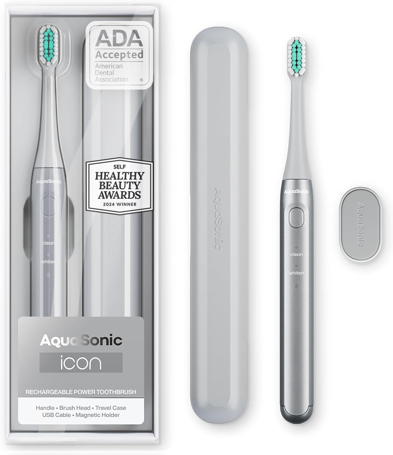 Aquasonic Icon Ada-Accepted Rechargeable Toothbrush | Magnetic Holder & Slim Travel Case | 2 Brushing Modes & Smart Timers | Gentle Micro-Vibrations (Stone)