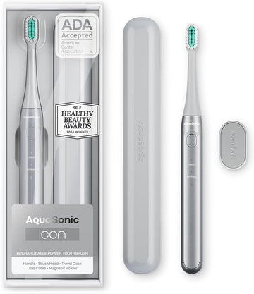 Aquasonic Icon Ada-Accepted Rechargeable Toothbrush | Magnetic Holder & Slim Travel Case | 2 Brushing Modes & Smart Timers | Gentle Micro-Vibrations(Onyx)