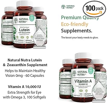 Natural Nutra Lutein And Zeaxanthin Supplement Soy Free, 20Mg - 60 Capsules And Vitamin A 10,000 Iu, Helps To Maintain Healthy Vision With Omega 3, 100 Gluten Free Softgels