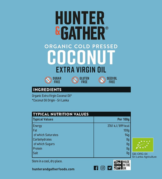 Hunter & Gather 100% Organic Cold Pressed Extra Virgin Coconut Oil 1L. Without Sugar, Cereals, Seeds And Palm Oil