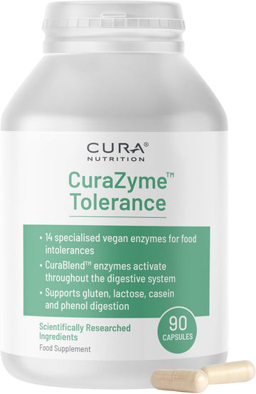 Cura Nutrition Curazyme Tolerance (90 Capsules) Food Intolerance Digestive Enzymes Supplement For Gut Health Support, Broad Spectrum Enzyme Complex For Bloating, Heartburn, Digestion Relief, Vegan