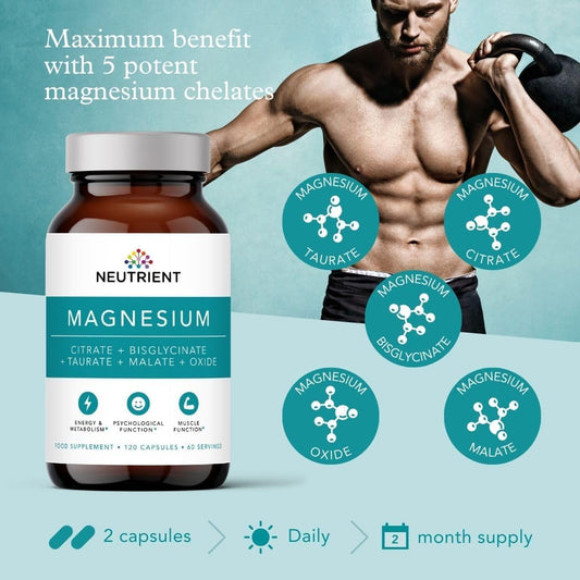 Neutrient Magnesium Complex Supplements - 120 Capsules Containing Four Powerful Bioactive Chelates Including Magnesium Taurate, Glycinate, Citrate And Malate