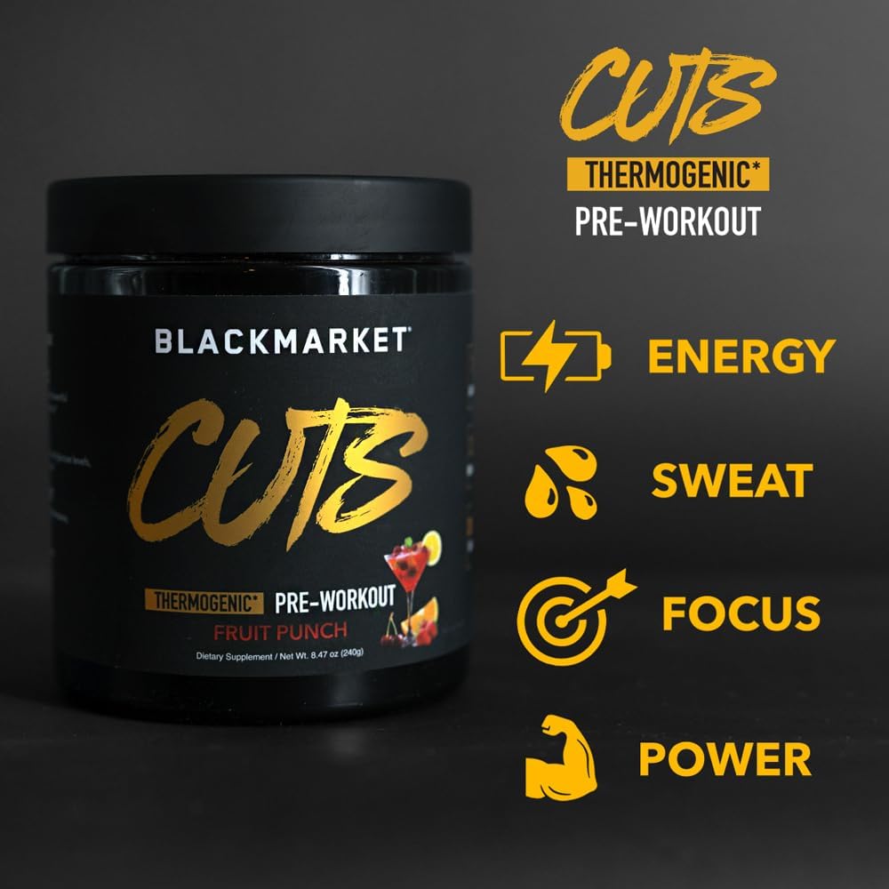 Blackmarket Cuts Pre Workout - Flavored Energy Powdered Drink Mix For Men & Women, Great For Muscle Definition, Thermogenic, Creatine Free, (Fruit Punch, 30 Servings) : Health & Household