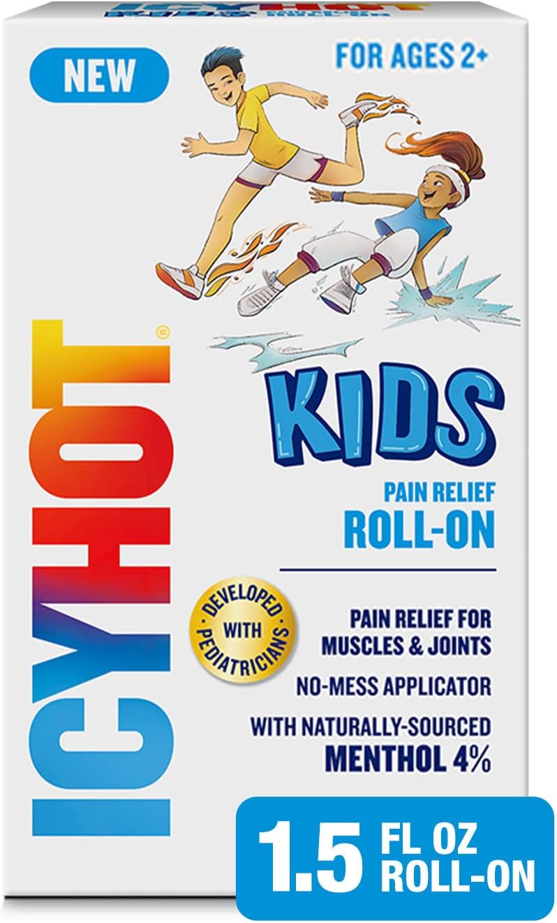 Icy Hot Kids No-Mess Pain Relief Roll-On Liquid with Naturally-Sourced Menthol 4%, Developed with Pediatricians, 1.5 oz