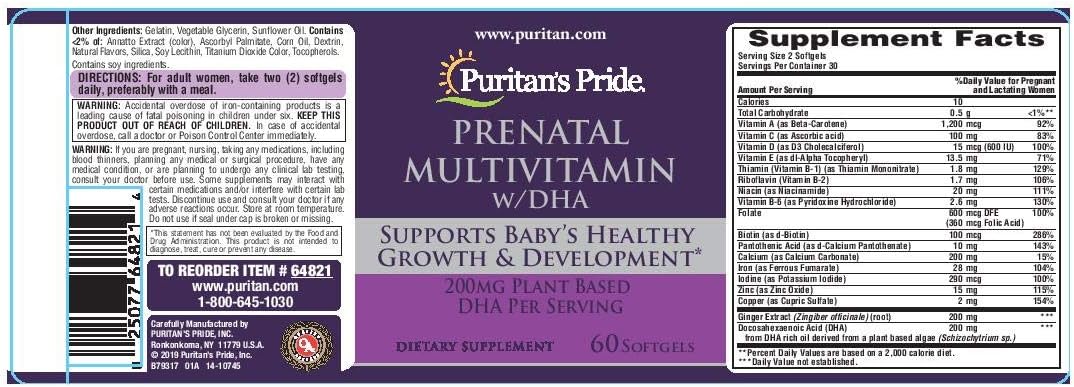 Puritan's Pride Prenatal Multivitamin with DHA, Supports Baby's Growth and Development**, 60 Softgels,® : Health & Household