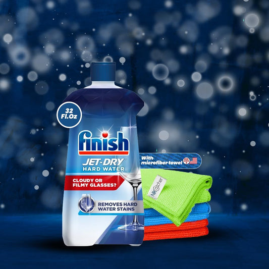 Bundle: Finish Jet-Dry Ultra Rinse Aid Dishwasher Rinse Agent and Drying Agent, 32 oz. Bundle with NikCatcher Microfiber Cleaning Cloth 16x16 400 GSM (3 Pk)