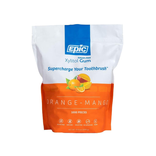 Epic Xylitol Chewing Gum - Sugar Free & Aspartame Free Chewing Gum Sweetened w/Xylitol for Dry Mouth & Gum Health (Orange-Mango, 1000-Piece Bag, 1 Bag)