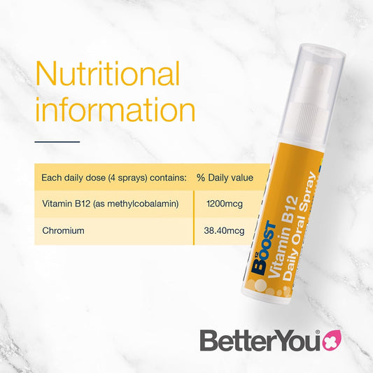 Betteryou Vitamin B12 Oral Spray, High Strength Methylcobalamin Supplement, 1200Mg Per Dose To Boost Energy, Natural Apricot Flavour, 48-Day Supply