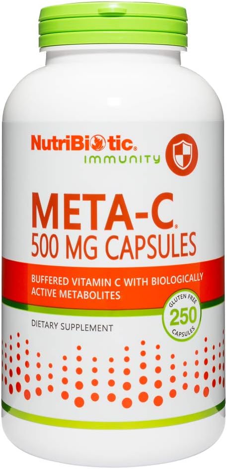 Nutribiotic Meta-C Capsules, 500 Mg Spirulina-Bound Vitamin C, 250 Count | Buffered With Calcium, Biologically Active Spirulina Metabolites & Lemon Bioavonoids | Antioxidant & Collagen Support