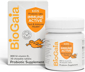 Biogaia Immune Active Kids | Probiotic + Vitamin D | For Digestive & Immune Health | Ages 3+ | Allergen, Dairy, Soy & Gluten Free | Trusted By Pediatricians | 30 Day Supply | Orange Flavored Chewable