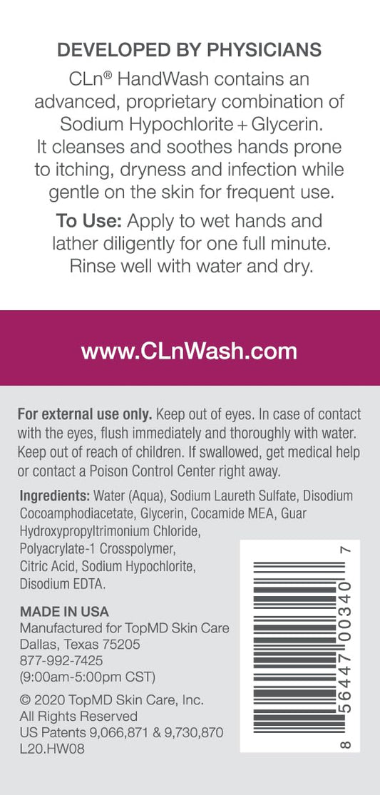 Cln® Handwash - Advanced Hygiene For Hands, Formulated With Glycerin, For Sensitive Skin Prone To Hand Dermatitis, Redness, Irritation, Eczema, And Rash, Fragrance-Free, 8 Fl Oz