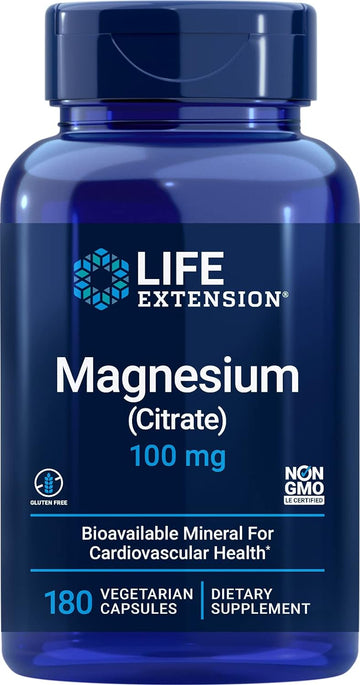 Life Extension Magnesium Citrate 100mg, 180 Veg Caps - Natural Mag Supplement - 100 mg Mineral Support Capsules - Vegan, Vegetarian, Non-GMO