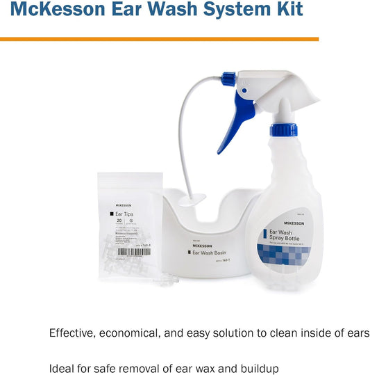 McKesson Ear Wash System Kit - Includes Spray Bottle, Flexible Tube, Ear Wash Basin, and Ear Tips - Blue and White, 16 oz Bottle, 1 Count, 1 Pack