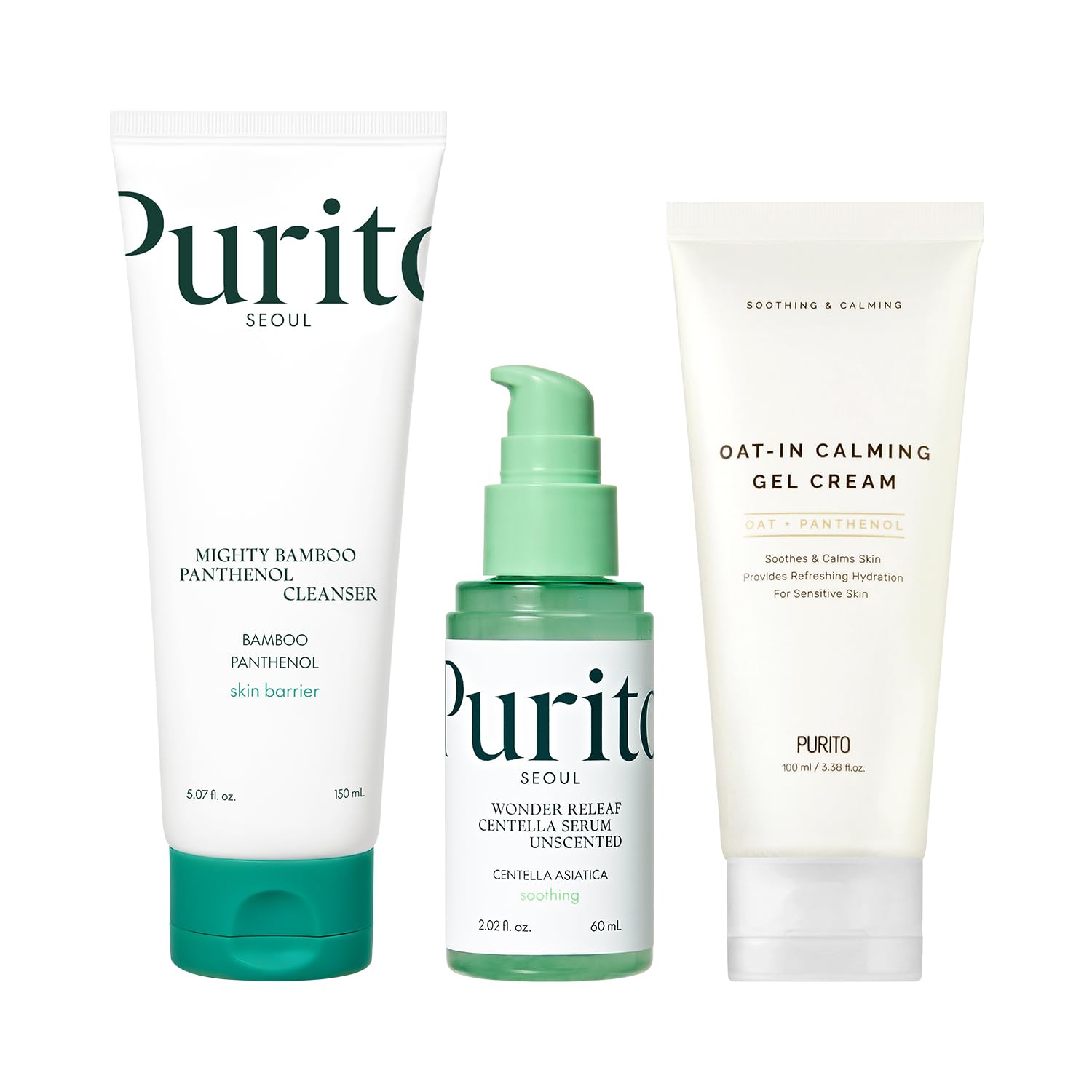 Purito Mighty Bamboo Panthenol Cleanser, Centella Unscented Serum & Oat-In Calming Gel Cream Set