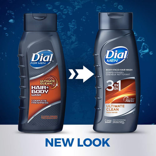 Dial Men 3In1 Body, Hair And Face Wash, Ultimate Clean, 20 Fl Oz , 4 Count (Pack Of 1)