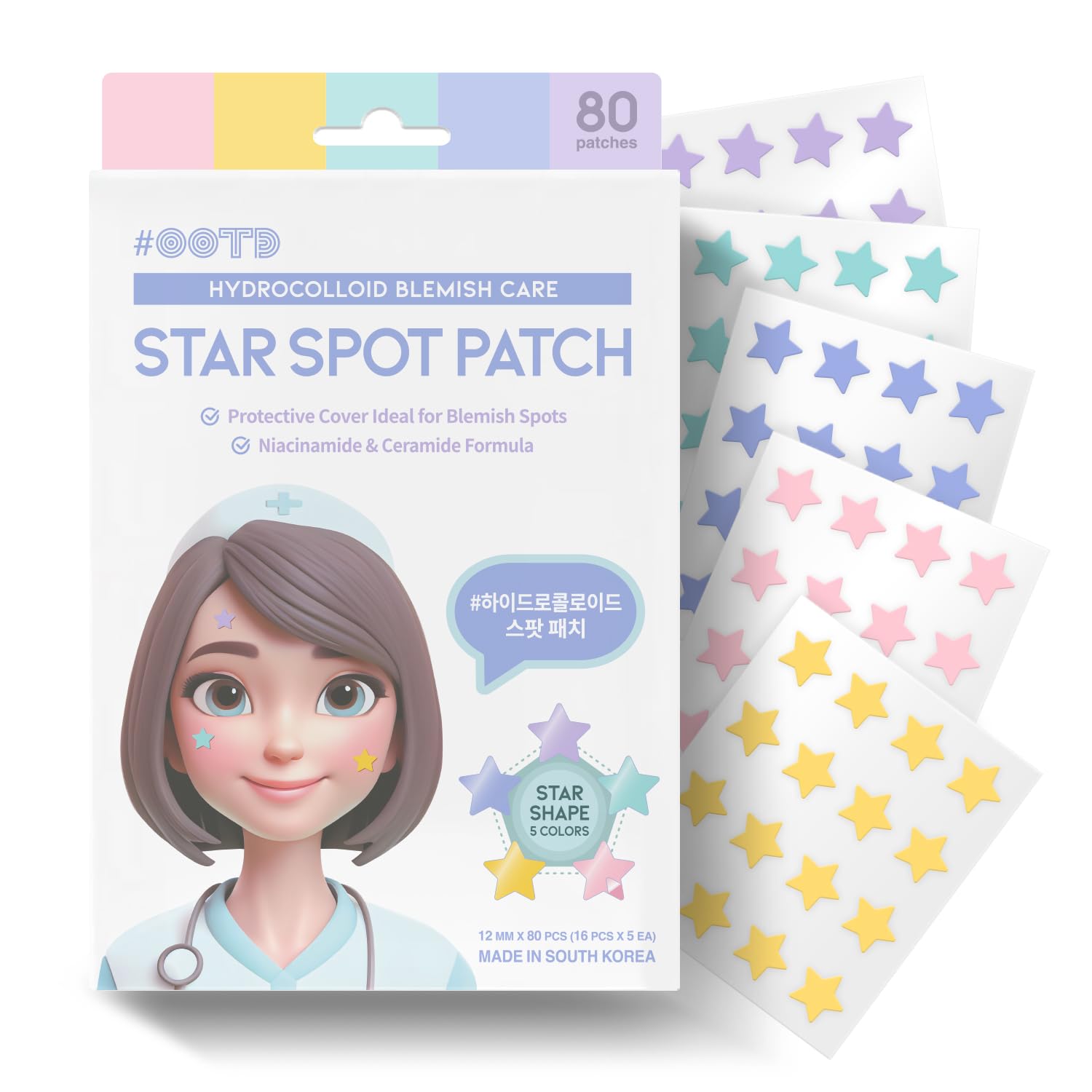 Star Spot Acne/Pimple Patch For Face, Hydrocolloid, Niacinamide, Ceramide, Cute Pastel Colors, Protecting & Healing, Prevent Scarring, Blemish Remover, Ideal For Blemish Spots, Made In Korea 80 Counts