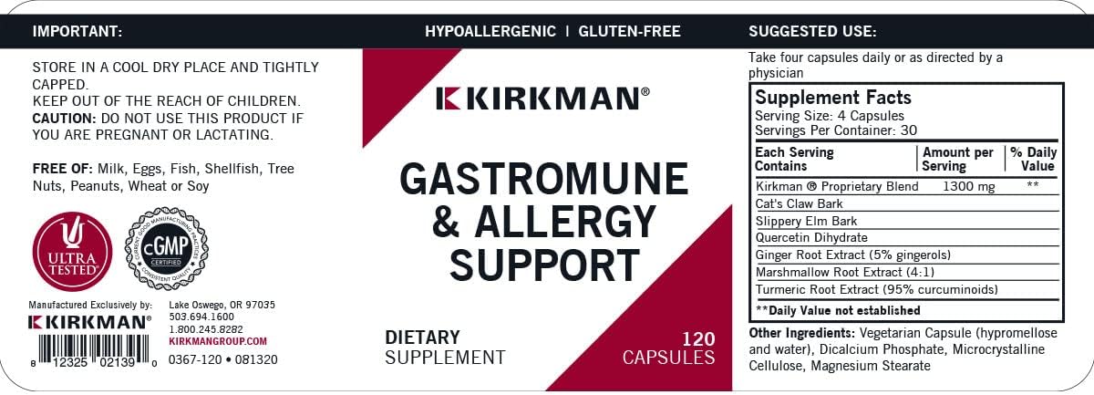 Kirkman Gastromune Allergy Support - Hypoallergenic-120 Vegetarian Capsules Gluten/Casein Free : Health & Household