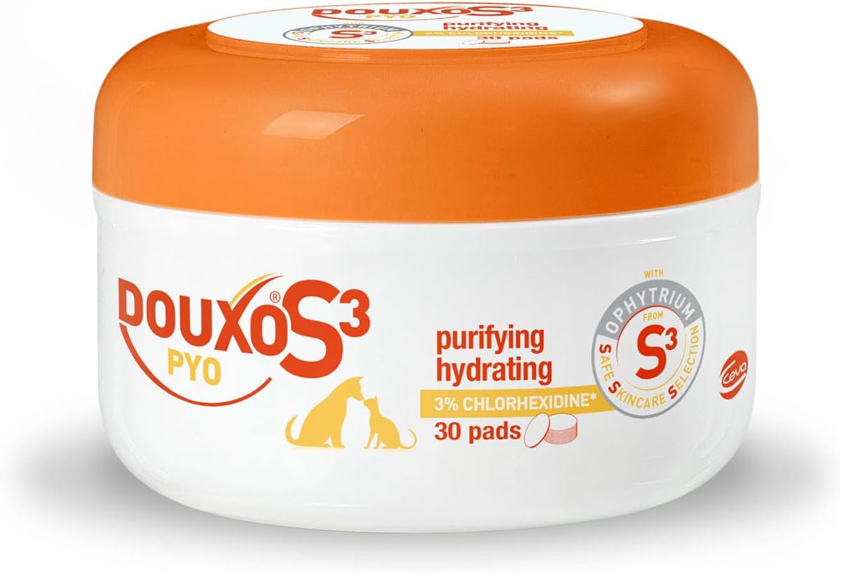 Douxo S3 Pyo Pads, Chlorhexidine Antibacterial & Anti-Yeast Dog And Cat Wipes, Gentle And Hydrating , Hypoallergenic Formula, Recommended By Vets And Clinically Proven, 30 Pads
