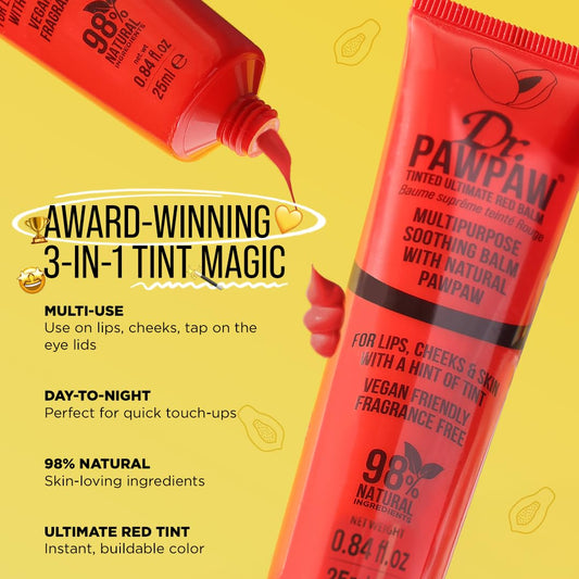 Dr. Pawpaw Multipurpose Soothing Tinted Balm - Lip Balm For Lips, Cheeks, Eyes – Tinted Lip Balm - Lip Moisturizer With Pawpaw - Ultimated Red - 0.84 Oz