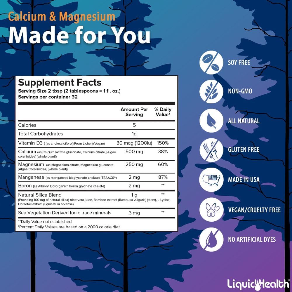 LIQUIDHEALTH Calcium & Magnesium Adult Liquid Vitamin Supplement - Bone, Joint, Muscle, Connective Tissue Support, Heart Health, Essential Nutrients - Great Taste, Vegan, Non GMO, Sugar-Free (32 oz) : Health & Household