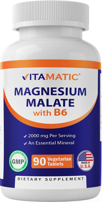 Vitamatic Magnesium Malate 2000mg per Serving - 90 Vegetarian Tablets - Added B6 for Maximum Absorption - Supports Muscle, Joint, and Heart Health