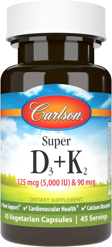 Carlson - Super D3 + K2, 125 mcg (5000 IU) Vitamin D3, 90 mcg Vitamin K2 as MK-7, Bone Support, Calcium Absorption, 45 Vegetarian Capsules