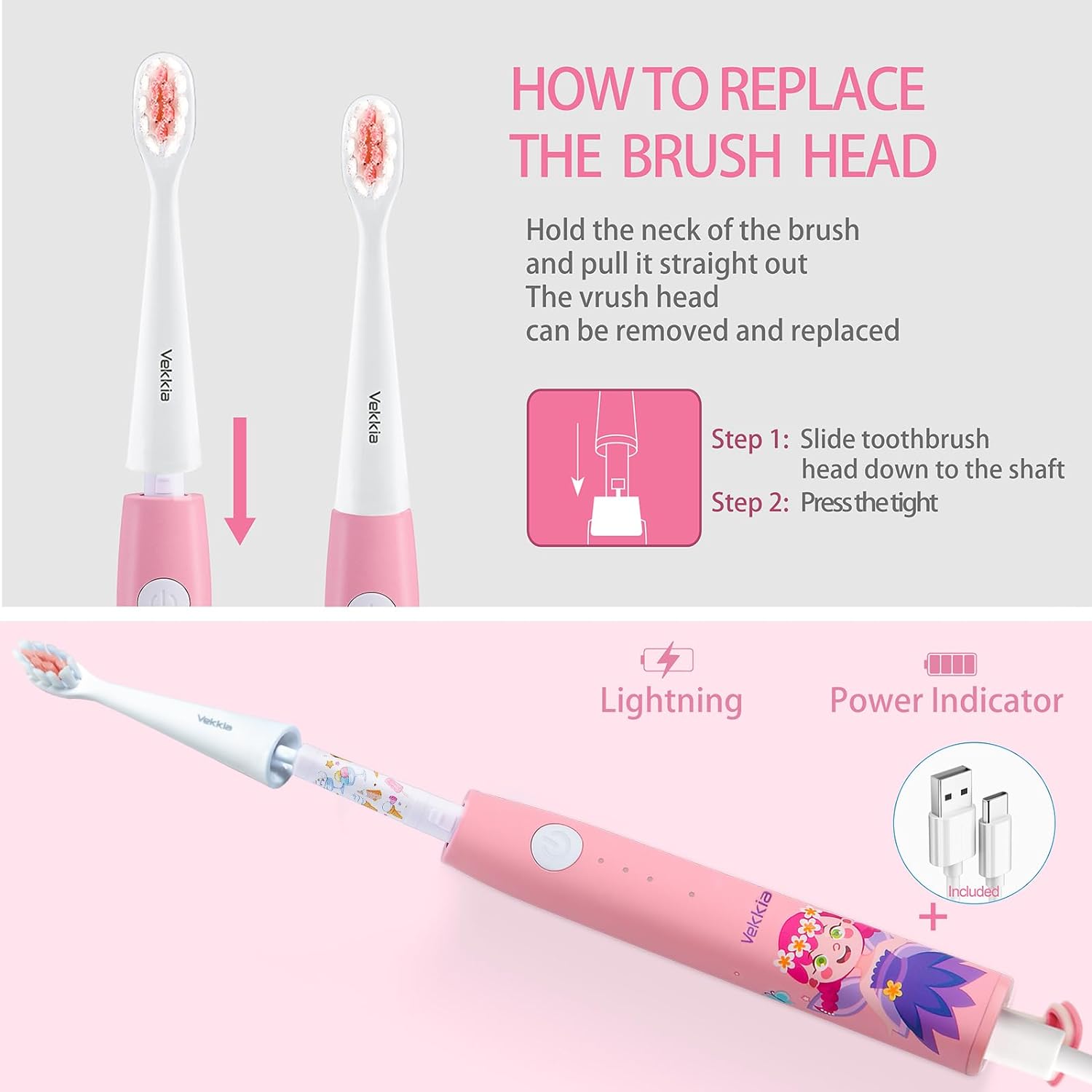 Vekkia Kids Electric Toothbrushes, Kids Toothbrush with 3 Modes and 2-Min Time for Age 3+, IPX7 Waterproof, 4 Soft Bristles(Flower Fairy) : Health & Household