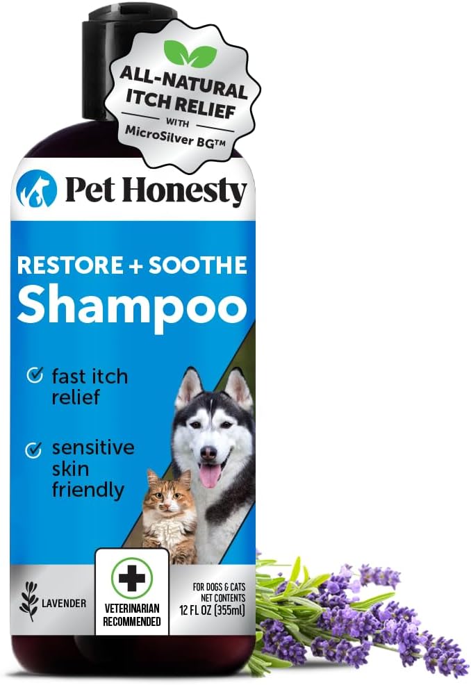 Pet Honesty Restore + Soothe Shampoo For Sensitive Skin For Dogs & Cats - Dog Skin And Coat Supplement - Soothes Itching, Irritation And Hot Spots (Lavender) - 12Oz