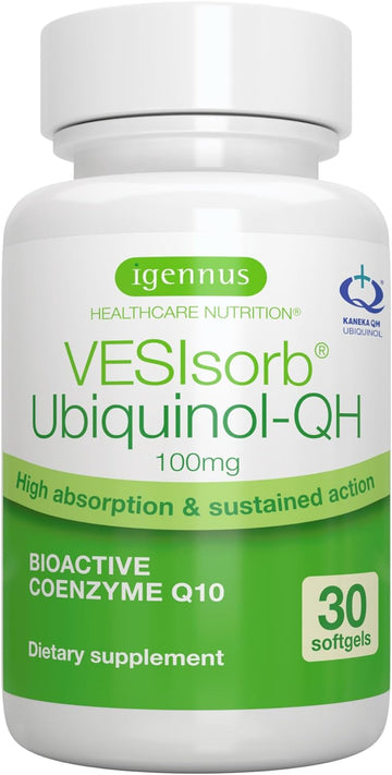 Vesisorb Ubiquinol-Qh, Active Kaneka Qh Ubiquinol, 30 Softgels, Fast-Acting Water-Soluble Coenzyme Q10-100 Mg, Coq10 Supplement Ideal For Heart Health, Energy, Fertility, 1 Month Supply, By Igennus