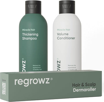 Regrowz Miracle Hair Care Gift Set - Hair Thickening Shampoo (225Ml), Volume Conditioner (200Ml), And Hair & Scalp Derma Roller - Infused With Biotin For Enhanced Hair Growth, Volume, And Vitality