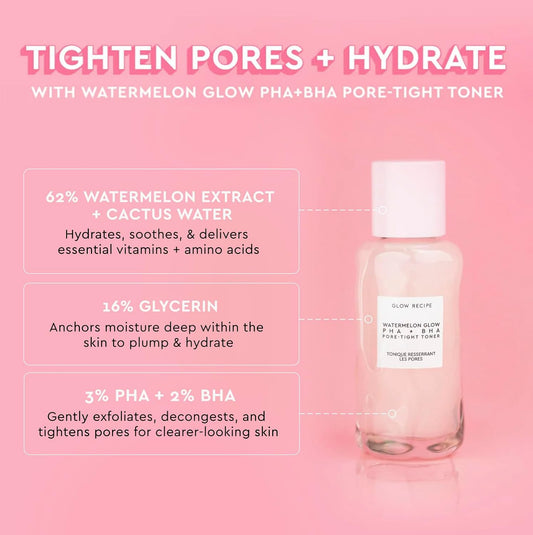 Glow Recipe Pha + Bha Face Toner - Korean Skin Care Toner, Pore Minimizer & Facial Exfoliator For Glass Skin - Tightening & Hydrating Skincare With Hyaluronic Acid & Watermelon (40Ml)