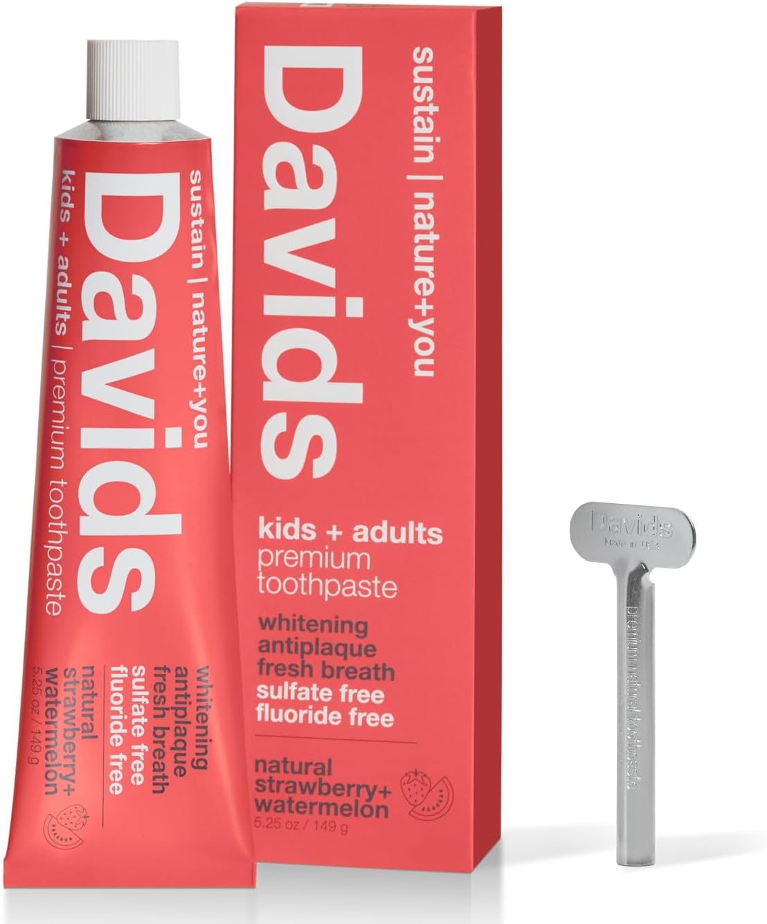 Davids Fluoride Free Kids & Adults Toothpaste, Teeth Whitening, Antiplaque, SLS (Sulfate) Free, Promotes Enamel Health, Mouth & Gum Detox, Natural Strawberry Watermelon, 5.25oz