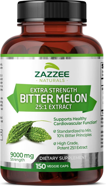 Zazzee Extra Strength Bitter Melon 25:1 Extract, 9000 Mg Strength, 10% Bitter Principles, 150 Vegan Capsules, Standardized And Concentrated 25X Extract, 100% Vegetarian, All-Natural And Non-Gmo